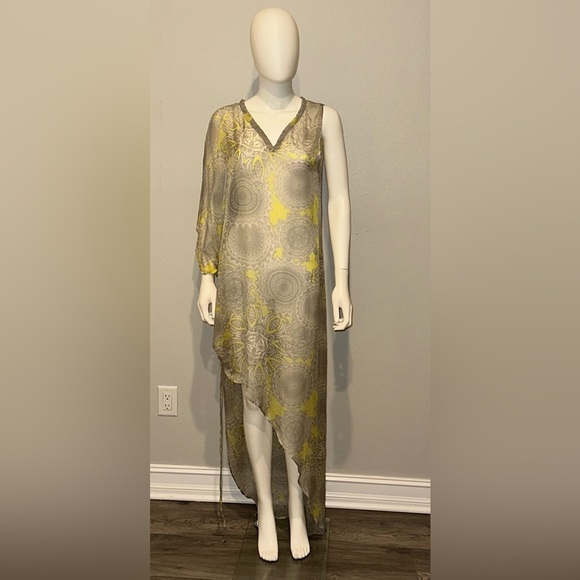Alexis grey yellow silk medallion print one shoulder hi low maxi coverup dress - Picture 2 of 9